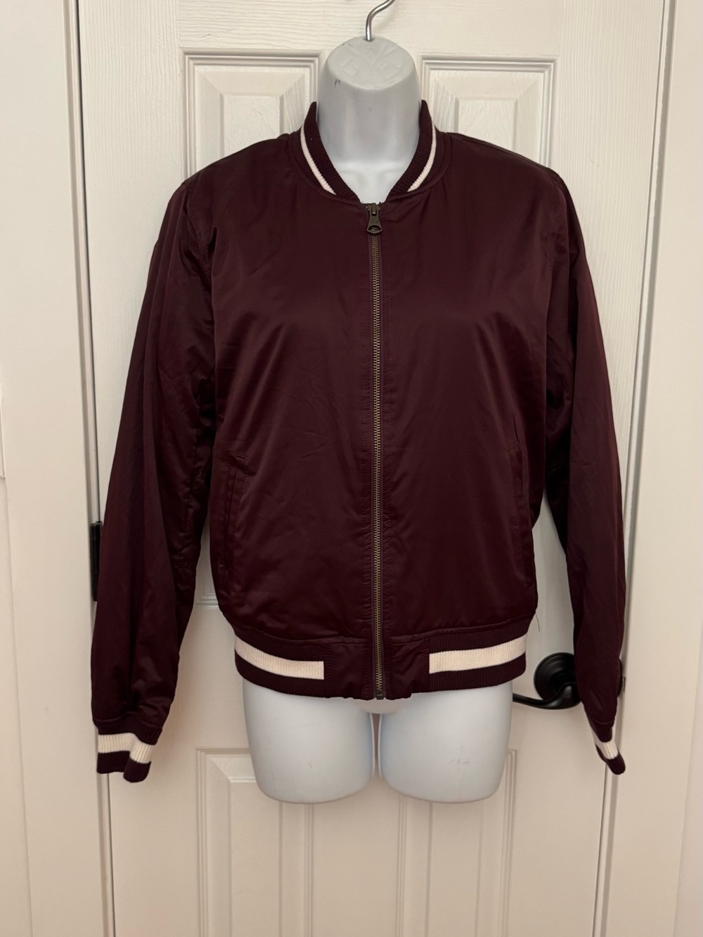 American Eagle Outfitters Maroon Bomber Jacket with Cream Stripes